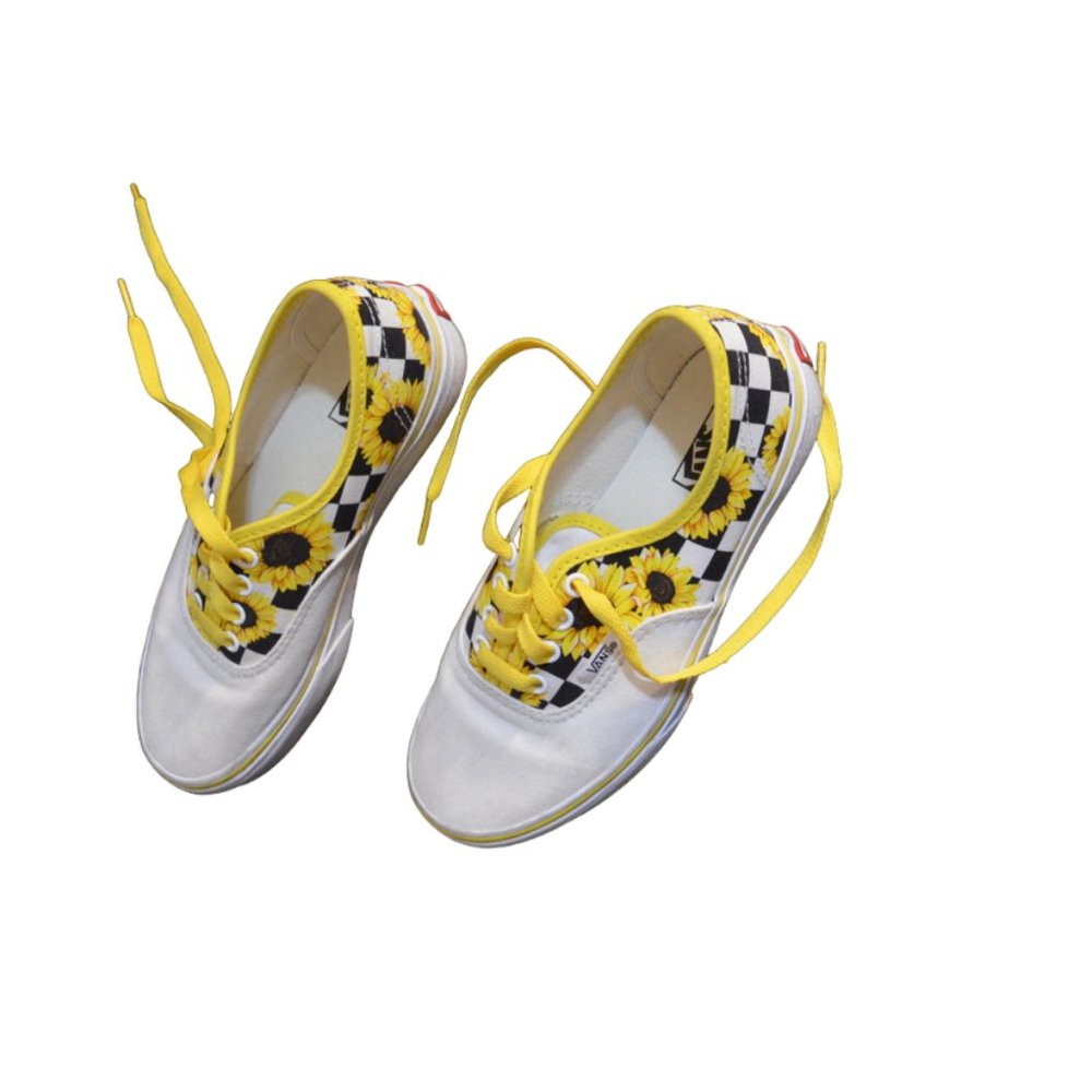 VANS (R) VANS OFF the WALL Customs White-Yellow Sunflower Chess Keds US Youth 3
